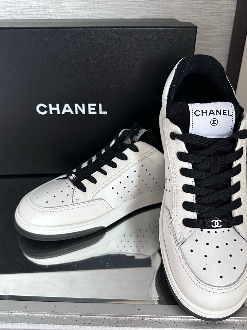 CHANEL New White Leather Sneakers 9.5